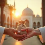 concept-alms-zakat-islam-mosque-background-sunset-hand-giving-ramadan-glowing-light-symbolizing-361494653