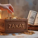 hand-donating-gold-coins-to-zakat-box-open-quran-drops-golden-charity-donation-situated-under-warm-light-359176177